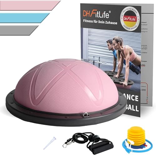 DH FitLife Balance Ball, Yoga Balance Traininer Φ60*22cm bis 200 KG belastbar, media pelota de gimnasia, tabla de equilibrio con bomba y 2 bandas de fitness, color rosa