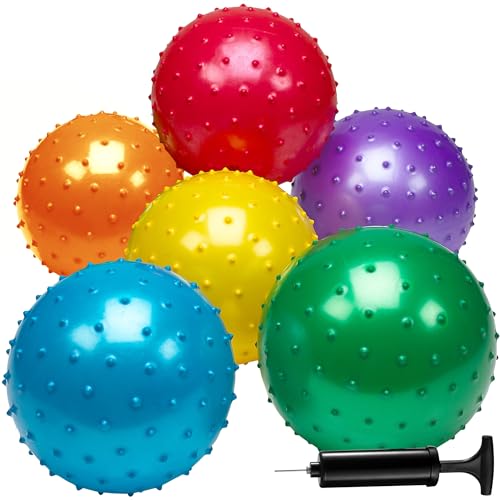 Bolas Knobby – (paquete de 6) bolas sensoriales a granel de 7 pulgadas y bolas de estrés de masaje con puntas, con bomba, divertidos regalos de fiesta de bolas hinchables, rellenos de calcetines