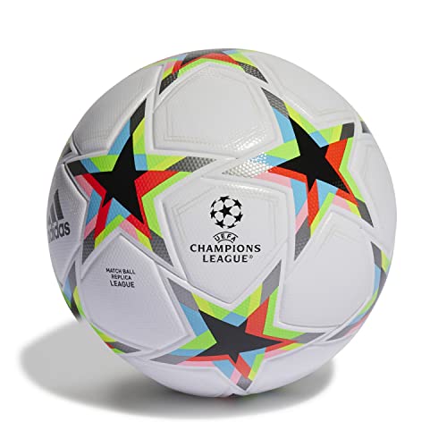 adidas UCL League Void Football Ball (Laminated), Unisex, Top:White/Silver Met./Bright Cyan/Black Bottom:Solar Red/Beam Pink F22/Team Solar Yellow/Team Solar Green, 5
