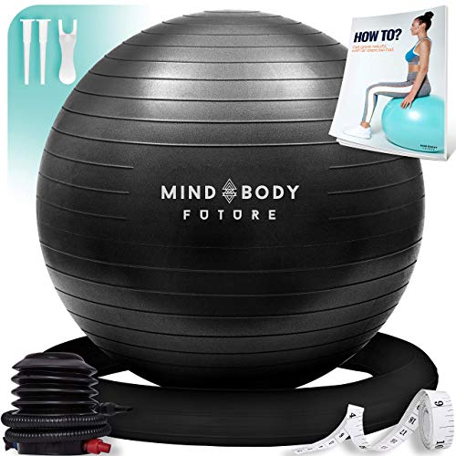 Mind Body Future Pelota Suiza o Gym Ball Bola para Pilates, Yoga, Fitness, Embarazo y Sentarse. Balón Robusto, Antideslizante y Hipoalergénico. Fitball 55 cm con Base y Bomba. Negro