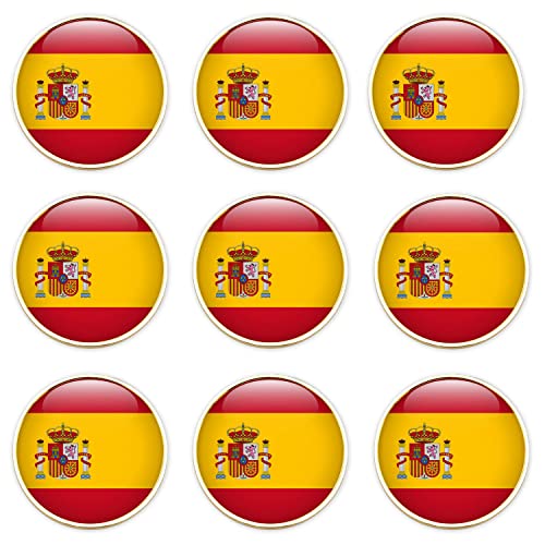 Emblemarket - Pack de 9 Marcadores de Bola de Golf de Metal con Crystal Dome - Tamaño: 25,4 mm (1 Inch) - Bandera de España - Oro Brillo