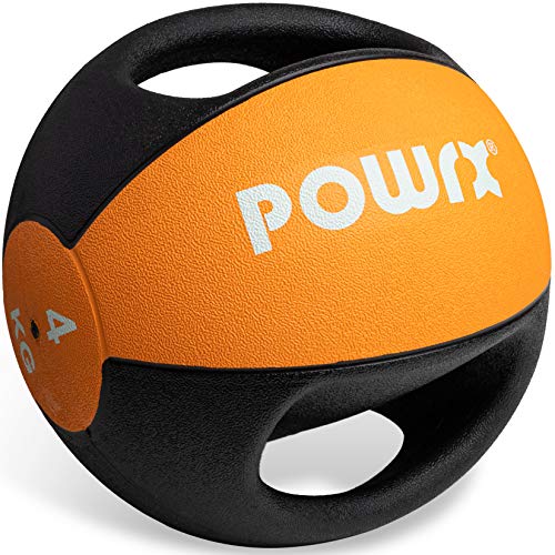 POWRX Balón Medicinal con Asas 4 kg - Ideal para Ejercicios de »Functional Fitness«, fortalecimiento Muscular y rehabilitación + PDF Workout (Orange)
